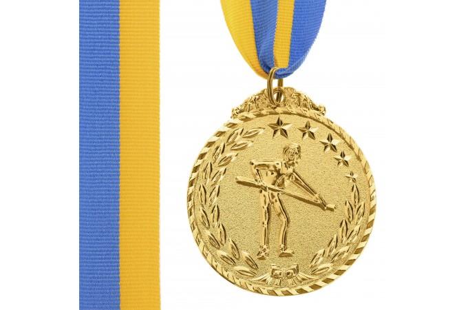 Медаль наградная для бильярда Бильярдист с лентой (1 место, золото)  ø5см